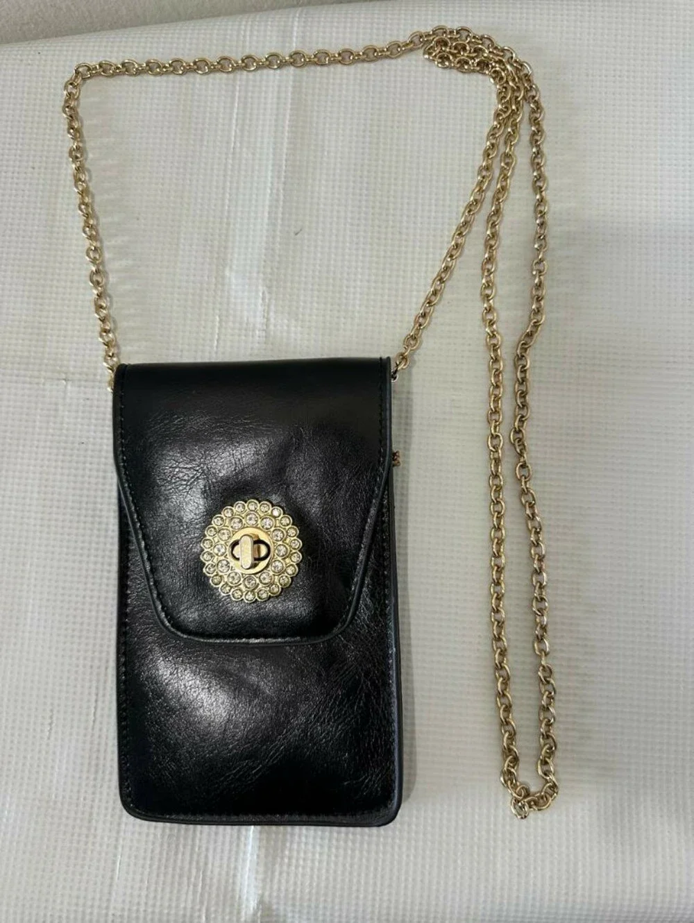 Black Mini Crossbody Phone Purse Pouch Rhinestone Gold Hardware Cross Charm